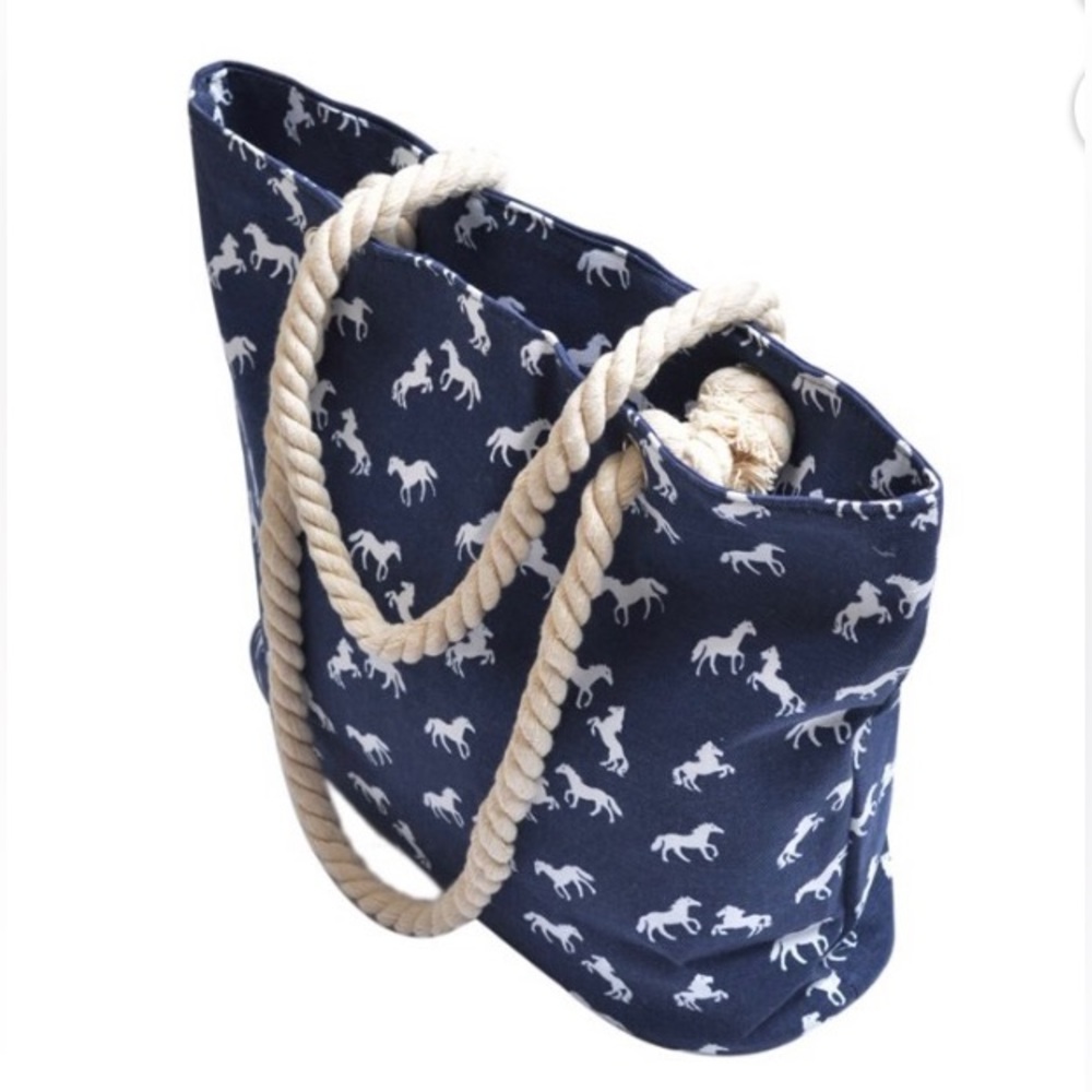 Kentucky Derby White & Blue Print Canvas Horse Tote Beach Bag Equestrian - Picture 3 of 4